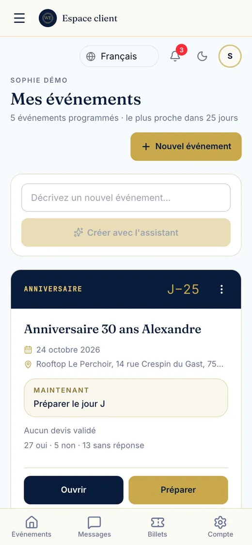 Espace client We Event sur téléphone (compte de démonstration)