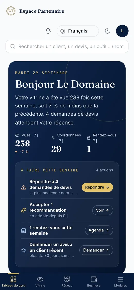 Tableau de bord de l'espace pro sur téléphone (compte de démonstration)